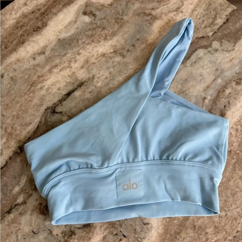 ALO Yoga baby blue one shoulder sports bra asymmetrical yoga top pilates XS